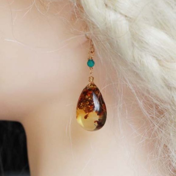 Sterling Silver Natural Baltic Amber Natural Turquoise Stone Earrings for Her - Picture 7 of 7